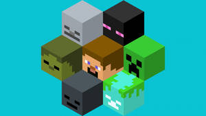 七個Minecraft角色以像素藝術風格排列成圓形。 — 我的世界 壁紙