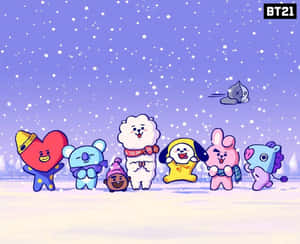 穿著冬季裝備的BT21角色享受下雪天。 — 可愛的防彈少年團 壁紙