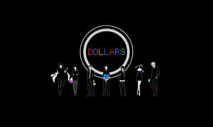 七個穿著黑色西裝的動漫角色站在一個發光的彩虹像素「DOLLARS」標誌前。 — 角落生物 壁紙