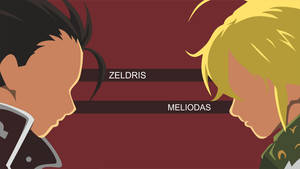 兩個男性動漫角色面對面，標有名字 Zeldris 和 Meliodas。 — 七大罪 壁紙