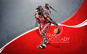 Tracy McGrady 身穿火箭隊球衣，帶有金屬翅膀，在紅色背景上運球。