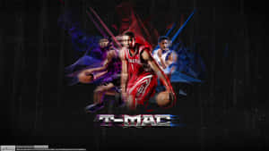 Tracy McGrady 身穿紅色球衣，在數位運動藝術作品中帶有發光能量效果。