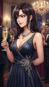 海軍藍禮服女性在水晶吊燈下的優雅派對中拿著香檳