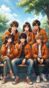 六個動漫青少年穿著橙色外套在樹下的公園長椅上喝可口可樂。