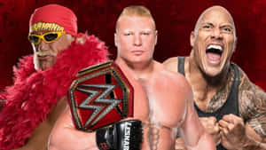 三位WWE摔角手Hulk Hogan、Brock Lesnar和The Rock與冠軍腰帶一起擺姿勢。 — WWE GIF 壁紙
