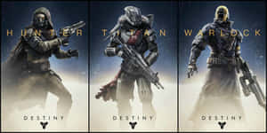 三位Destiny遊戲角色Hunter、Titan和Warlock，身穿太空裝甲並持有武器。 — 命運 壁紙