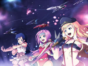 三位動漫女孩在太空中，有星艦和發光的星雲。 — 4:3 壁紙