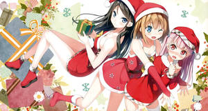 三個動漫女孩穿著聖誕服裝，被禮物和雪花包圍。