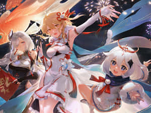 三位動畫女孩穿著傳統服飾，在星空下以煙火慶祝。 — 東京喰種角色 壁紙