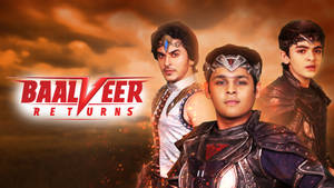 三位年輕英雄身穿奇幻盔甲，在火紅橙色的天空下，標題為「Baalveer Returns」。 — 奇幻 壁紙