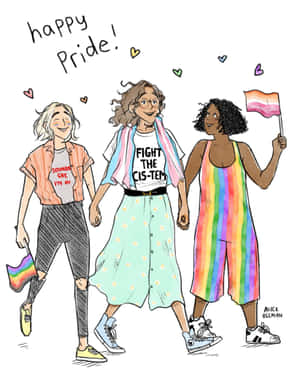 三位微笑的女性穿著彩虹服裝，舉著驕傲旗幟，帶有「happy Pride!」文字。 — 心形 壁紙