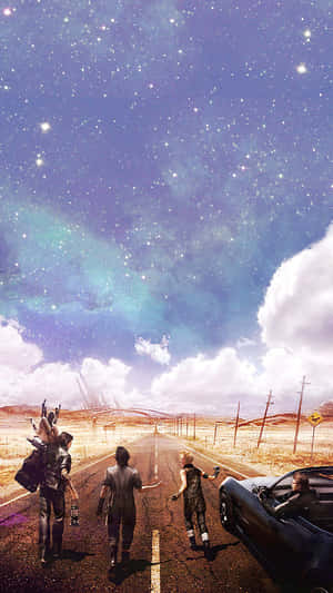 星空下沙漠公路上的三人和司機，伴有星雲雲層。 — 最終幻想 壁紙