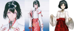 三位身穿傳統日本和服服裝的動漫女孩，展現多樣的姿勢和表情。 — 超寬螢幕 壁紙