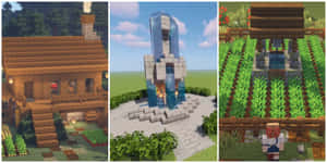 Minecraft場景，展示木屋、玻璃塔和帶有玩家角色的農田。 — 最佳 Minecraft 壁紙