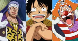 三個《One Piece》動畫海盜，表情各異，服裝色彩繽紛。 — 簡約藍色美學 壁紙