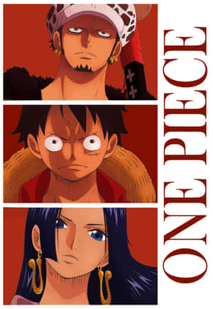 三個來自《One Piece》的動漫角色，在紅色背景前帶著強烈的表情。 — POCO Pad 壁紙