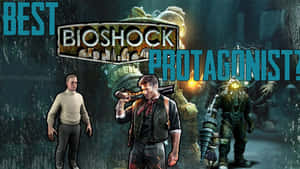 三個Bioshock角色在一個反烏托邦的水下城市中，有發光的管道和遊戲標誌。 — 生化奇兵 壁紙