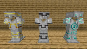 三個Minecraft盔甲套裝展示喺木地板上面，背景係磚牆。
