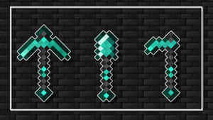 三個來自Minecraft嘅像素化鑽石工具，喺深色磚牆上。 — 最佳 Minecraft 壁紙