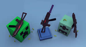 三個 Minecraft 苦力怕，帶有像素化突擊步槍和散落的子彈，背景為藍色。 — 戰士 壁紙