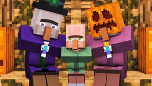三個Minecraft角色穿著萬聖節服裝在木屋內。 — 魔女風格 壁紙