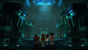 三個Minecraft玩家在黑暗的寺廟中面對發光的石像守衛。 — 我的世界 壁紙