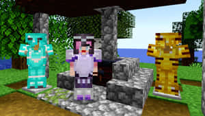 三個Minecraft角色在一個草地戶外場景中的石頭庇護所下。