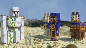 三個Minecraft角色在沙漠中，有方塊狀建築物和山脈 — 型格 Minecraft 壁紙