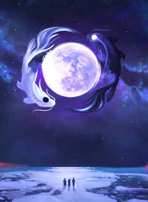 冰上的三個人看著宇宙陰陽魚繞著發光的月亮運行。 — Kindle Paperwhite 壁紙