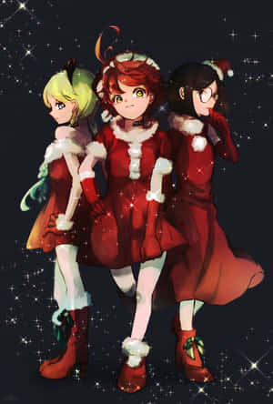 三個動漫女孩穿著紅色聖誕老人服裝，在星空下擺姿勢。 — iPad Pro M4 壁紙