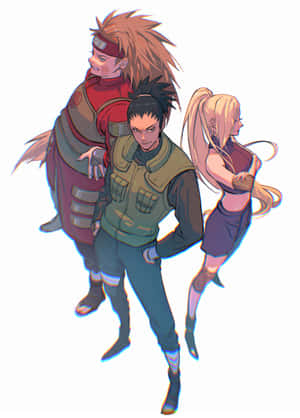 三個動漫忍者角色以動作姿勢呈現，色彩鮮豔，服裝細節豐富。 — 伊之助 GIF 壁紙