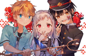 三個穿著校服、紅眼睛和花卉圖案的動漫角色。 — 廁所裡的花子 壁紙