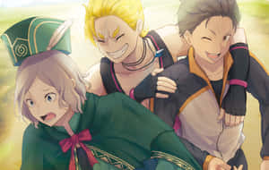 三個動漫朋友在陽光明媚的戶外環境中一起大笑。 — 2880x1800 壁紙