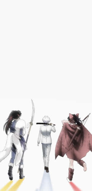 三個動漫戰士在白色背景上走開，腳下帶有發光軌跡。 — 暮光 壁紙