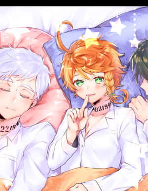 三個動畫男孩在床上睡覺，星星在他們周圍漂浮。 — Galaxy Z Fold 8 壁紙