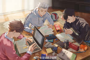 三個動畫男孩在一張堆滿書籍和手提電腦的凌亂書桌前一起學習。 — MacBook Air M4 壁紙