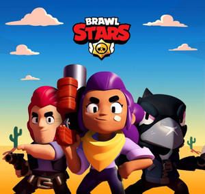 三個 Brawl Stars 角色在沙漠環境中，有仙人掌和藍天。 — 搏擊會 GIF 壁紙