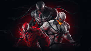 三個共生體角色 Venom Carnage 和另一個紅色共生體在黑暗侵略性的姿勢中。 — 動漫惡魔 壁紙