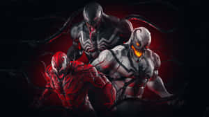 三個共生體角色 Venom Carnage 和另一個紅色共生體在深紅色背景中。 — 漫威超級英雄 壁紙