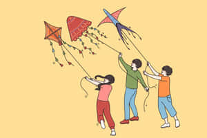 三個孩子在陽光明媚的日子放風箏。 — 春天 壁紙