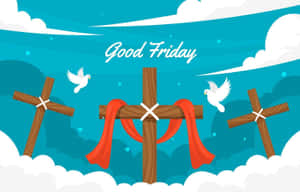 三個帶有紅色絲帶和白鴿的十字架，背景為藍天，並有Good Friday文字。 — 湖 壁紙