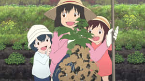 三個微笑的女孩在花園中拿著一株巨大的馬鈴薯植物。 — 狼 壁紙