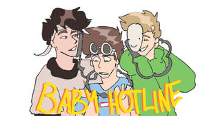 三個戴著耳機的卡通角色和「BABY-HOTLINE」文字。