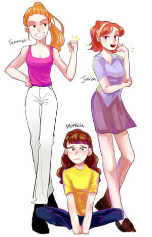 三個動漫風格女孩，標記為 Summer Jessica 和 Morticia，穿著色彩繽紛的服裝。 — 夏日氣息 壁紙
