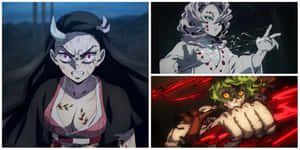 三個有角同發光眼睛嘅動漫惡魔角色，喺黑暗充滿動作嘅姿勢中。 — 鬼滅之刃 壁紙