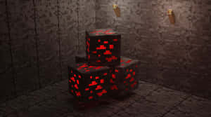 三個發光的紅色熔岩方塊在Minecraft風格石室中，配有火炬。