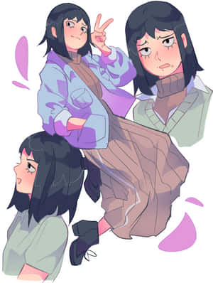 三個穿著休閒服裝的動漫女孩擺姿勢，其中一個做出和平手勢，周圍有粉紅色閃光。 — Galaxy Z TriFold 壁紙