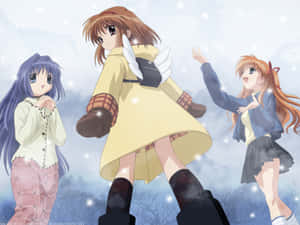 三個穿著冬季服裝的動漫女孩站在雪景中，帶有閃閃發光的效果。 — 迷霧森林 壁紙