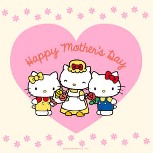 三個Hello Kitty角色在粉紅色心形內拿著花朵，慶祝母親節。 — 白色美學gif 壁紙