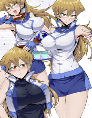 三個身穿藍白制服嘅動漫女仔以堅定表情擺甫士。 — 主畫面 壁紙
